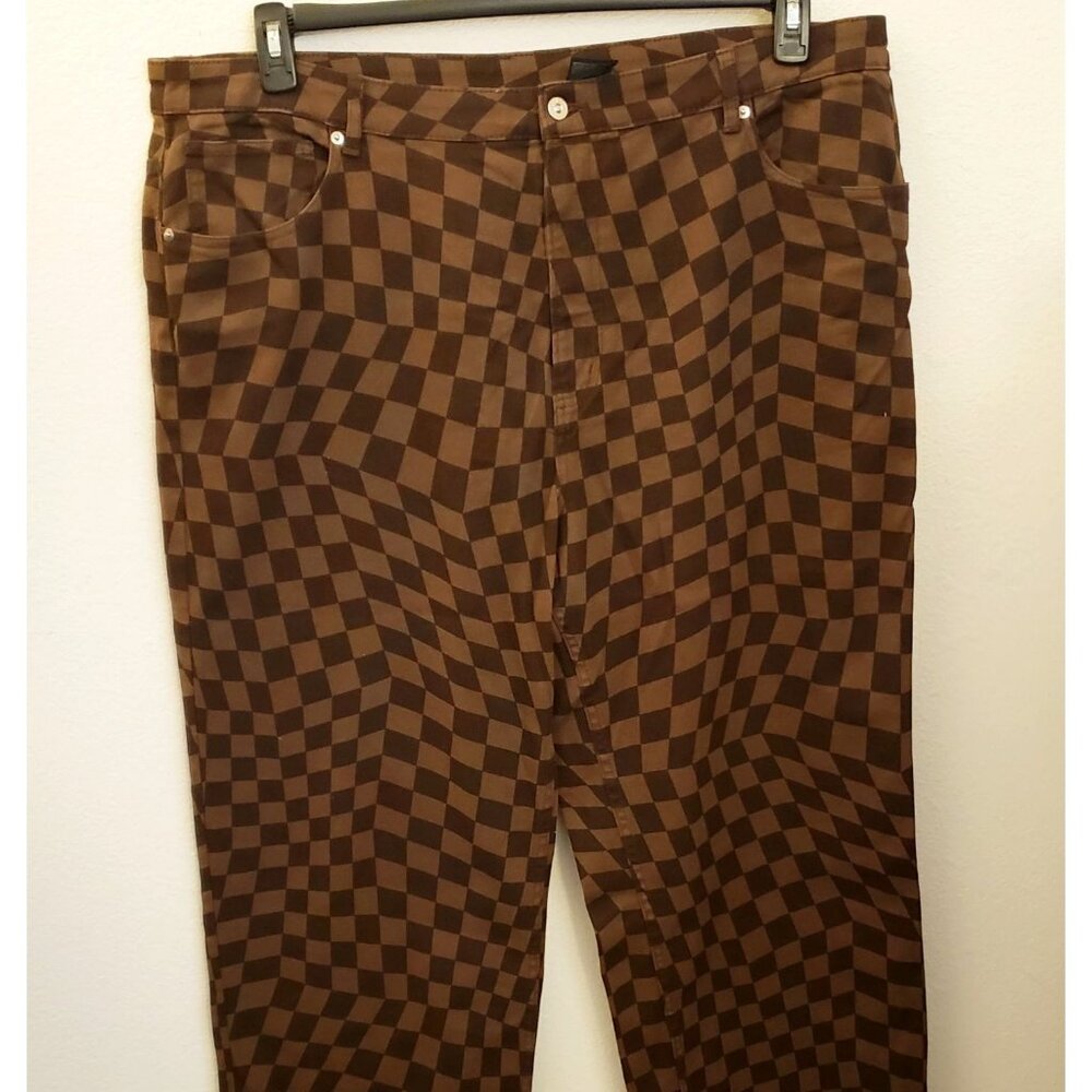H&M Brown Checkered Denim Slit Hem Jean Straight Leg Pants Size XXL EUC